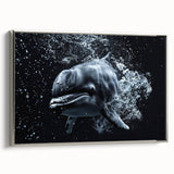Framed wall art featuring a silver dolphin design in a sleek marine theme, perfect for coastal decor. The canvas showcases vibrant colors and intricate details, ideal for enhancing any living space or office.