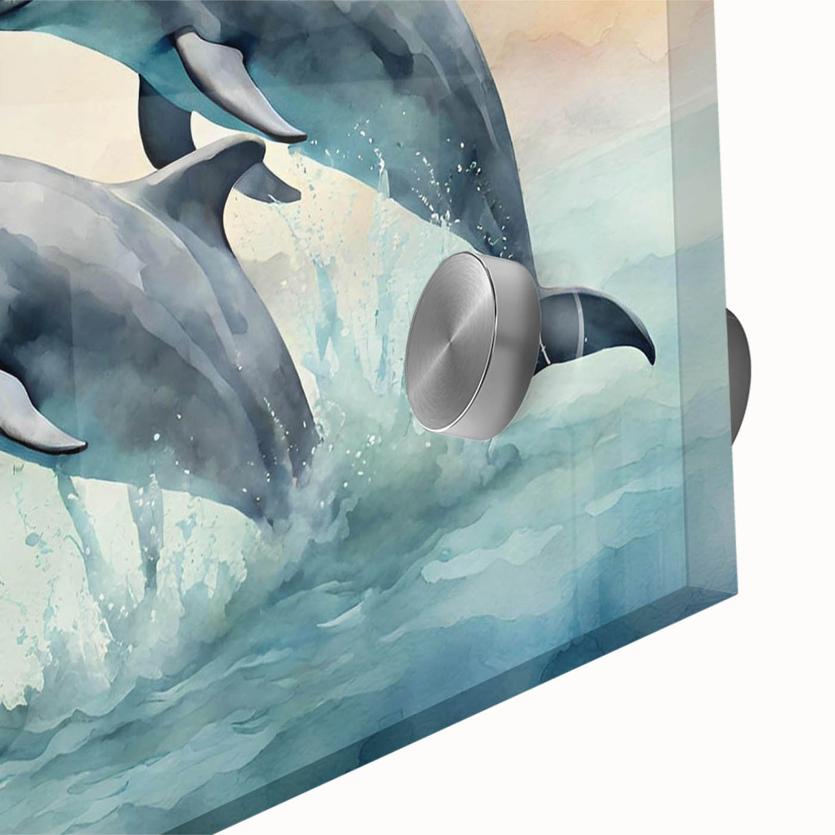 Close-up of a vibrant acrylic wall art collection featuring a detailed dolphin design, showcasing marine life colors and textures, perfect for ocean-themed decor.