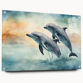 Acrylic glass wall art featuring a vibrant dolphin design from the Marine Life collection, displayed from the side with pins visible, perfect for ocean-themed decor.