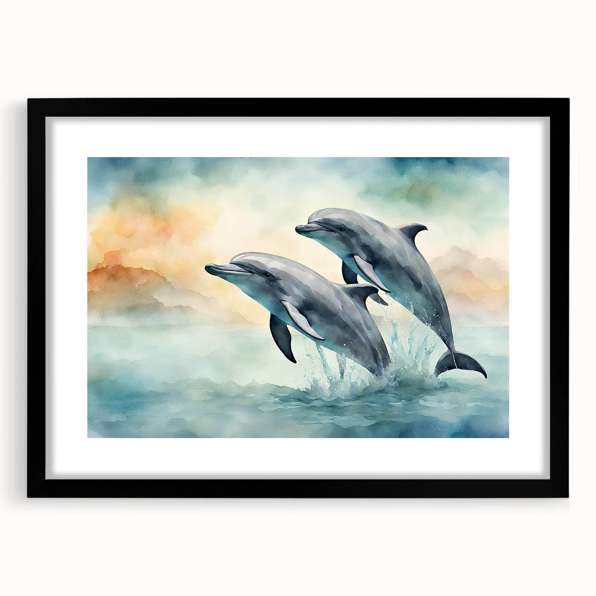Framed wall art collection featuring a marine life dolphin design with black matting, showcasing vibrant colors and intricate details, perfect for ocean-themed decor.