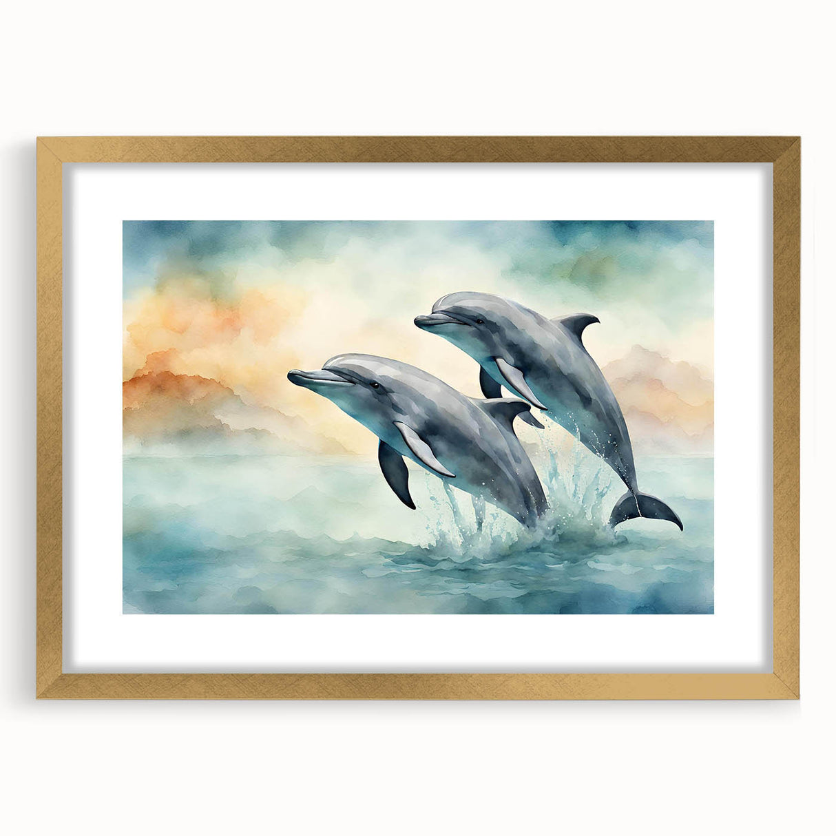 Stylish wall art featuring a dolphin design in a sleek gold frame with a mat, perfect for marine life enthusiasts and modern home decor.
