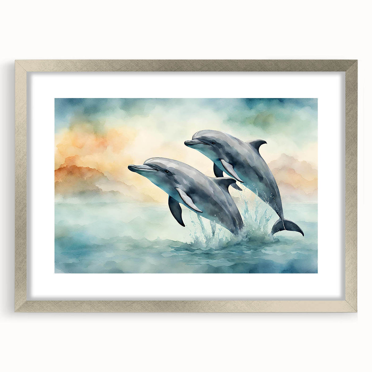 Framed wall art collection showcasing a silver-matted dolphin design, highlighting vibrant marine life in a modern setting, perfect for ocean-themed decor.