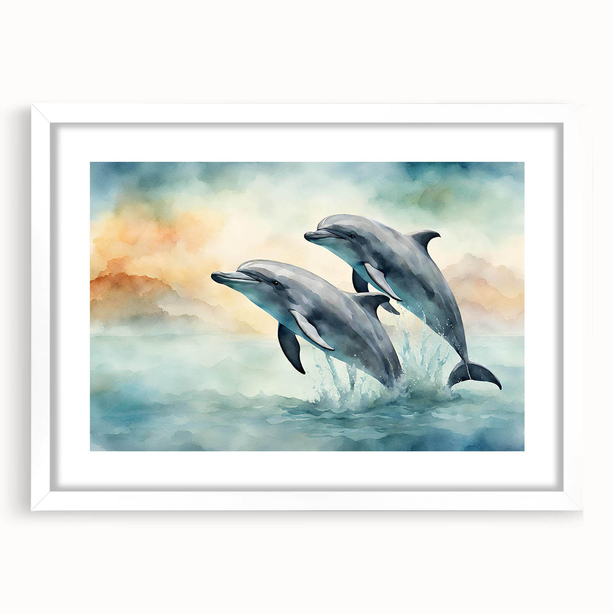 Framed wall art collection showcasing a vibrant dolphin design, featuring a white mat and contemporary frame, perfect for marine life enthusiasts' decor.