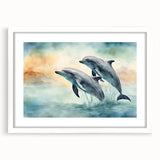 Framed wall art collection showcasing a vibrant dolphin design, featuring a white mat and contemporary frame, perfect for marine life enthusiasts' decor.