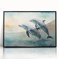 Framed acrylic wall art showcasing a vibrant dolphin design, featuring a sleek black frame, perfect for marine life enthusiasts and coastal decor.