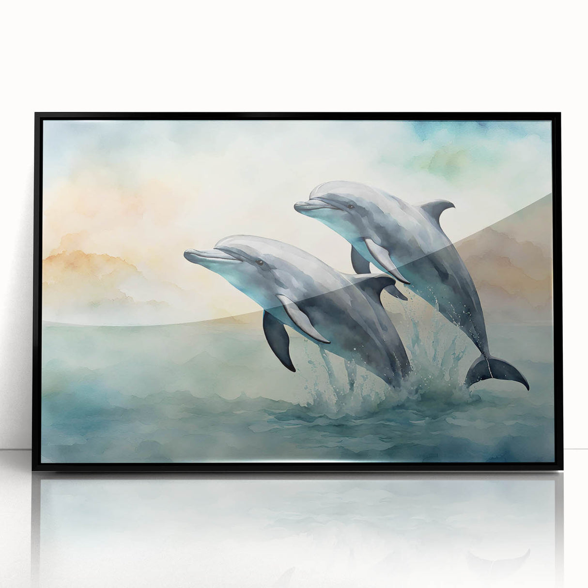 Framed acrylic wall art showcasing a vibrant dolphin design, featuring a sleek black frame, perfect for marine life enthusiasts and coastal decor.