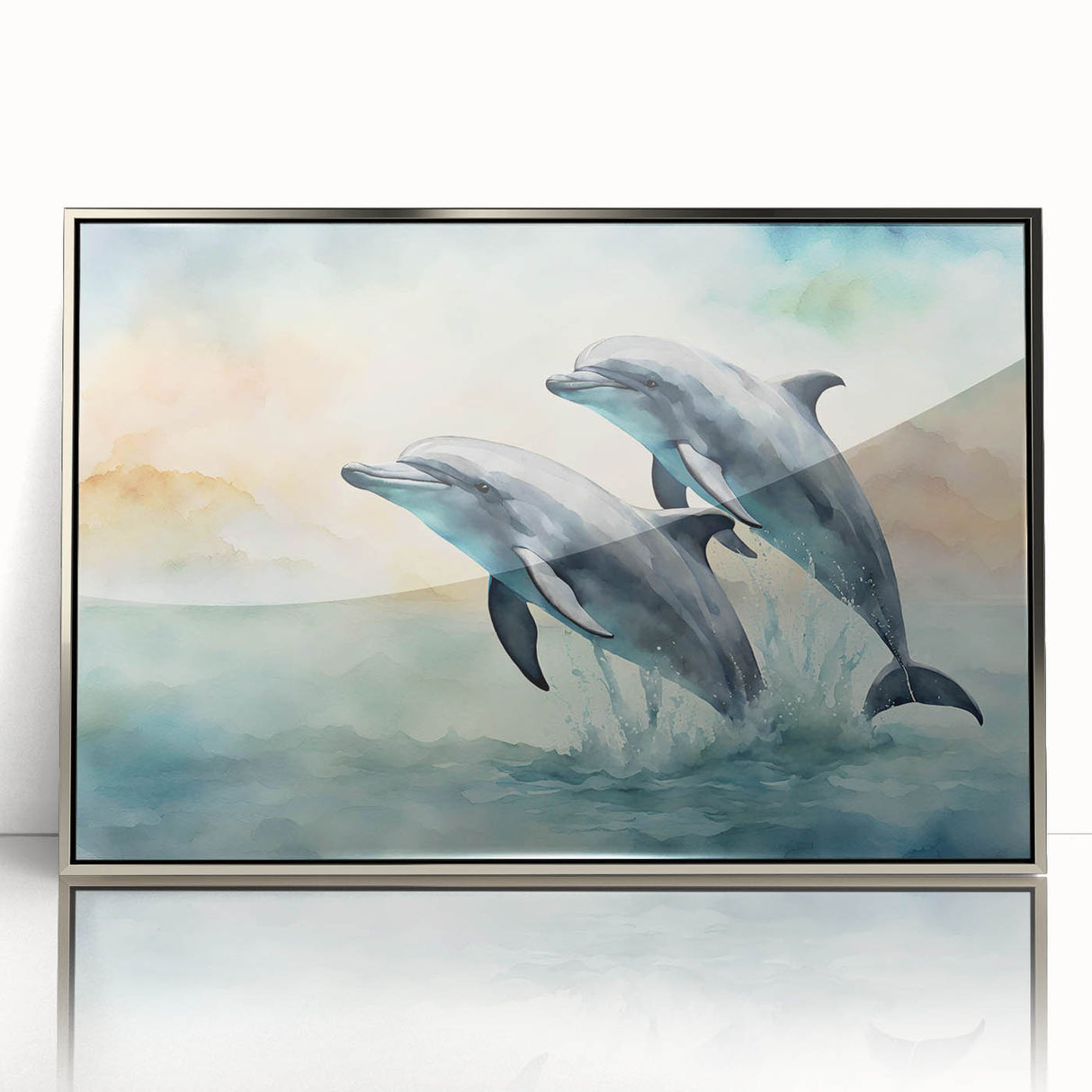 Framed acrylic wall art showcasing a vibrant dolphin design in silver, perfect for marine life enthusiasts. Ideal for home decor, adding a touch of oceanic elegance.