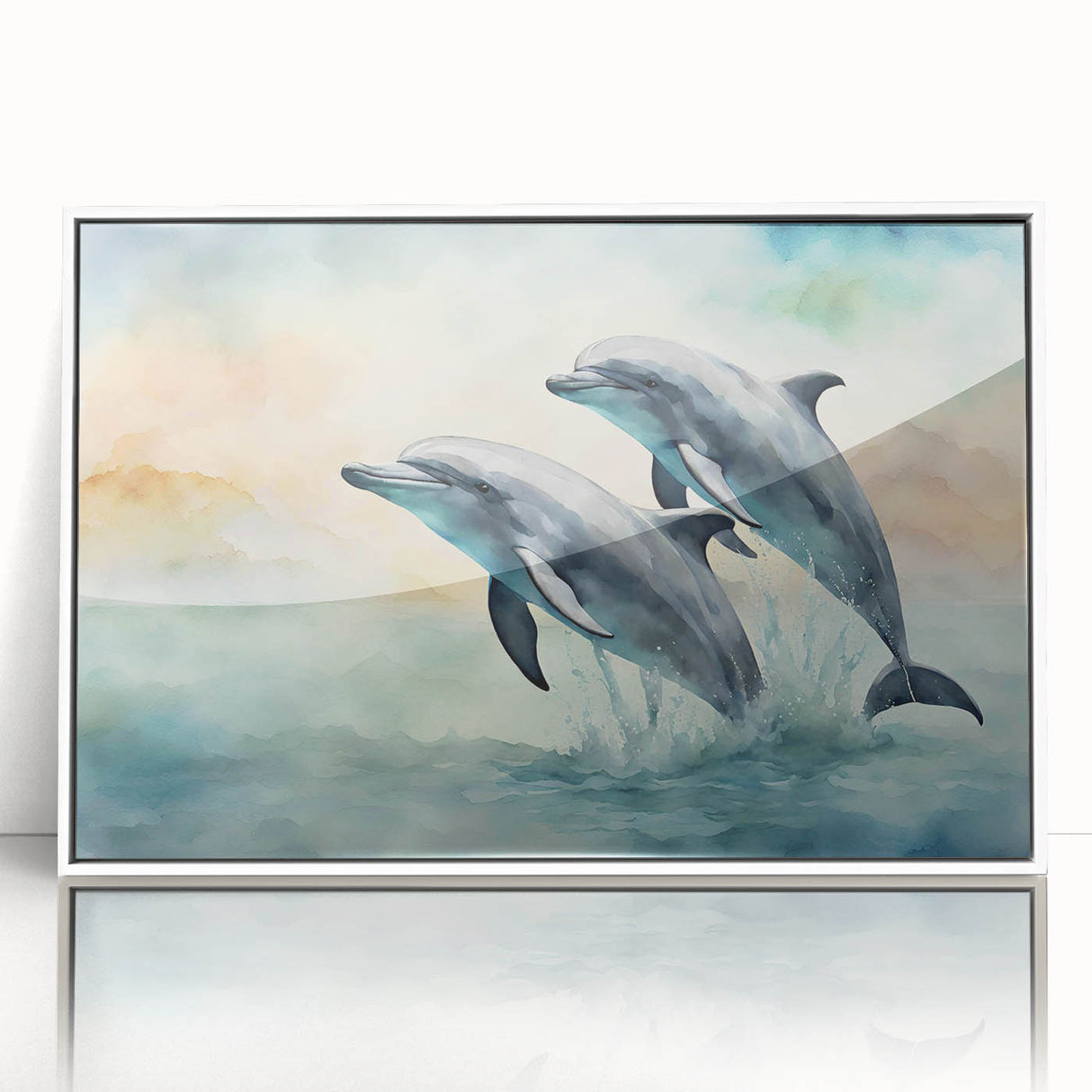 Framed wall art collection showcasing a vibrant dolphin design in a marine life theme, featuring a sleek white frame and acrylic front view, perfect for ocean lovers.