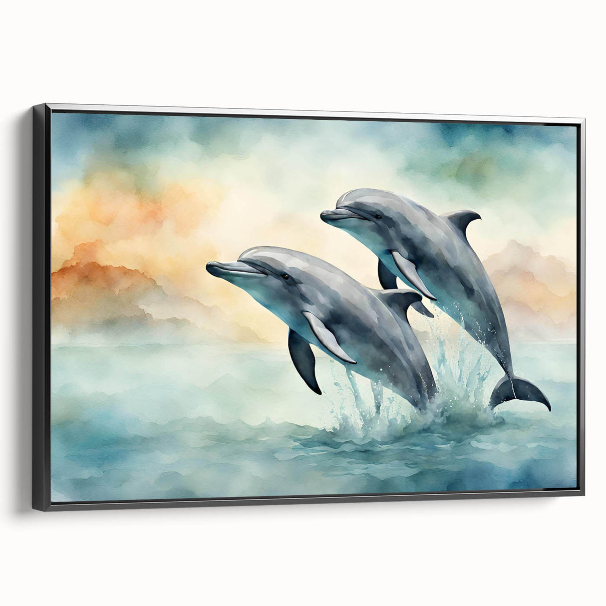 Framed canvas wall art featuring a vibrant dolphin design in a marine life theme, displayed in black frame, perfect for ocean lovers and home decor enthusiasts.