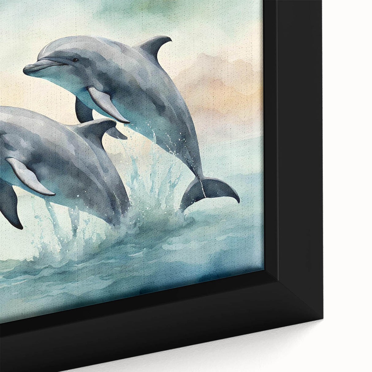 Framed canvas wall art featuring a vibrant marine life dolphin design, showcasing intricate details and vivid colors, perfect for ocean-themed decor.