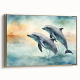 Framed canvas wall art featuring a stunning dolphin design in shades of blue and gold, offering a side view of marine life, perfect for ocean-themed decor.