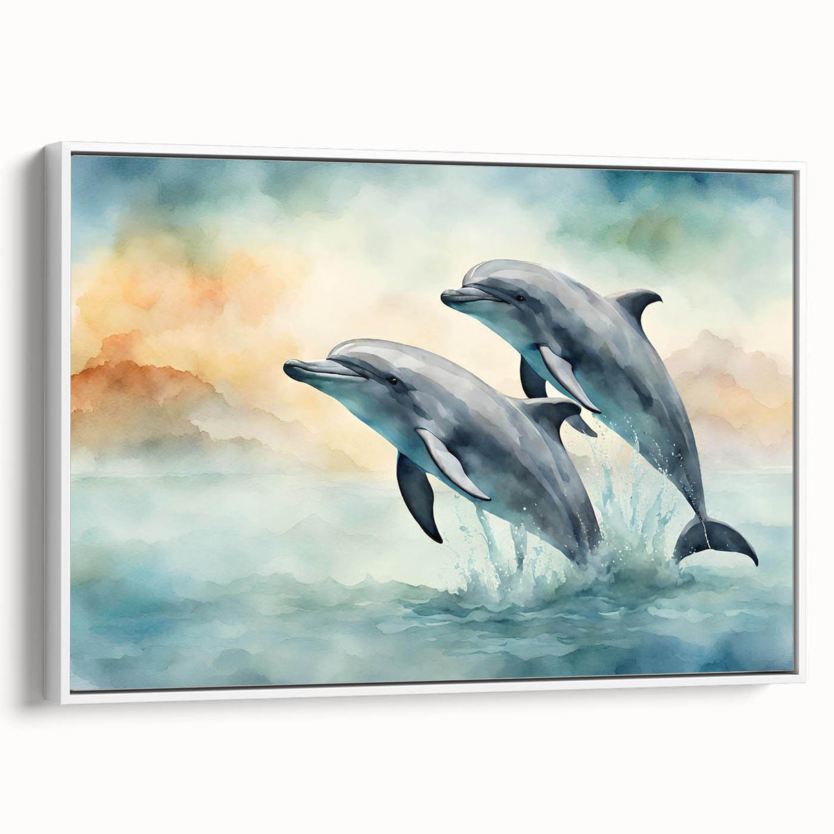 Framed wall art collection showcasing a vibrant dolphin design on a textured canvas, set against a white backdrop, perfect for marine life enthusiasts.