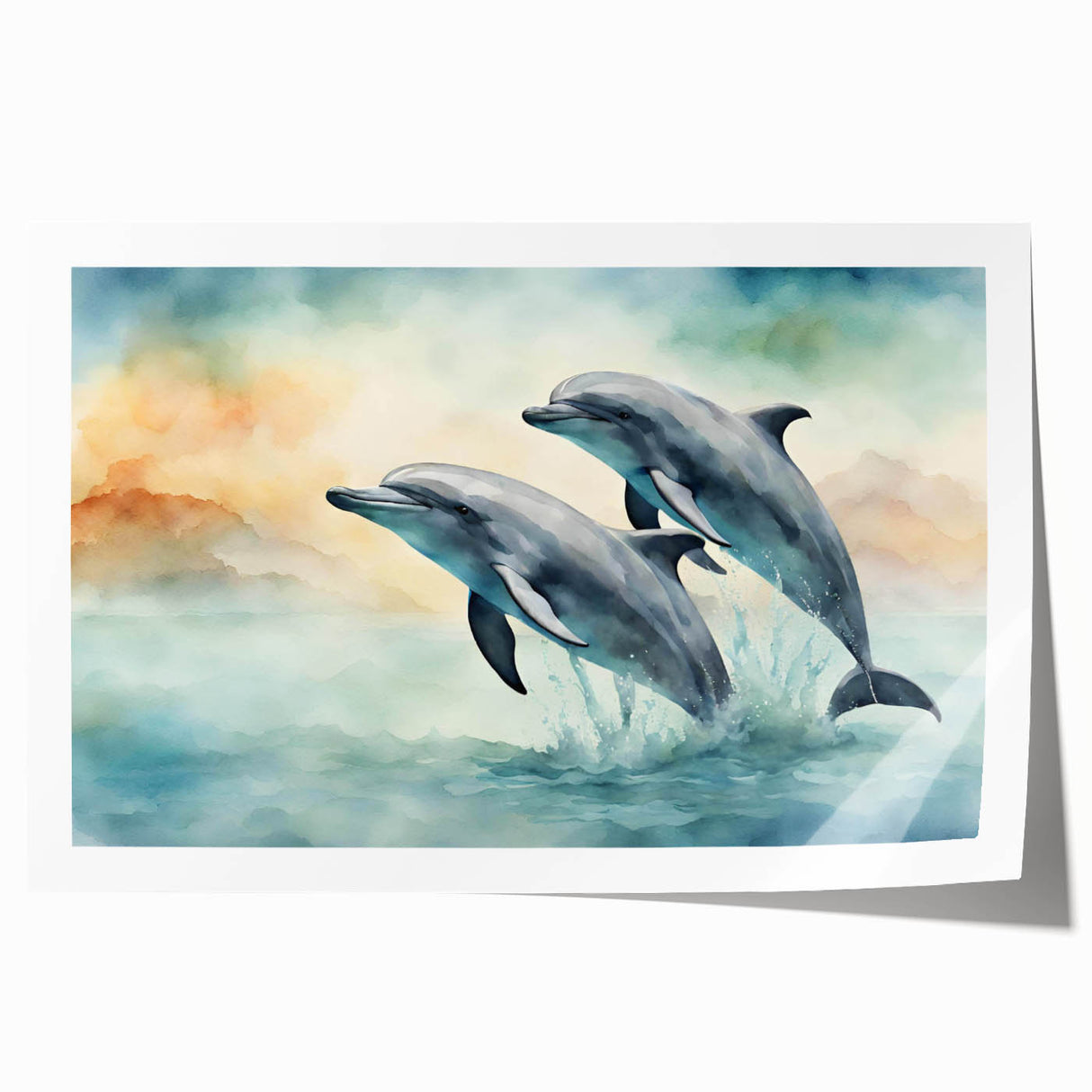 Vibrant rolled print showcasing a dolphin design in a marine life theme, perfect for ocean-inspired decor. Ideal for enhancing living spaces with a coastal touch.