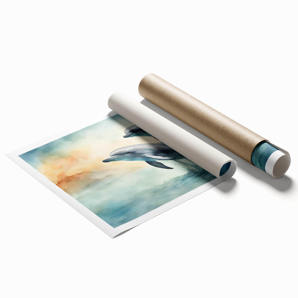 Vibrant rolled print of a dolphin design showcasing marine life, featuring intricate details and colors, ideal for ocean-themed decor or art collections.