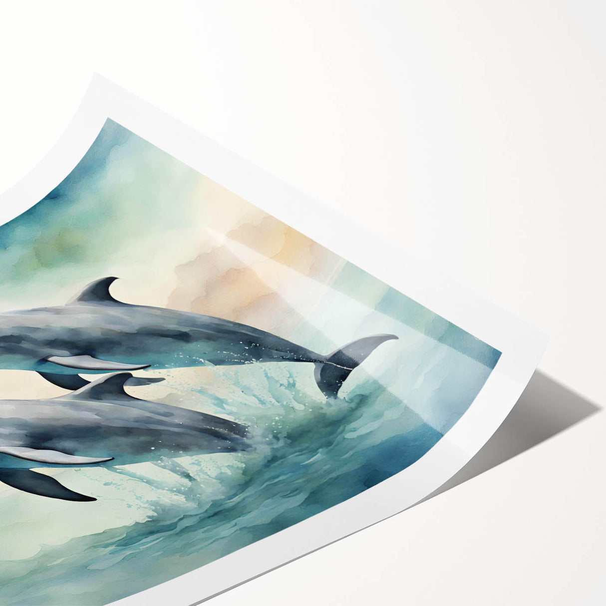 Vibrant wall art print of marine life featuring a playful dolphin design, ideal for ocean-themed decor, rolled for easy shipping and display.