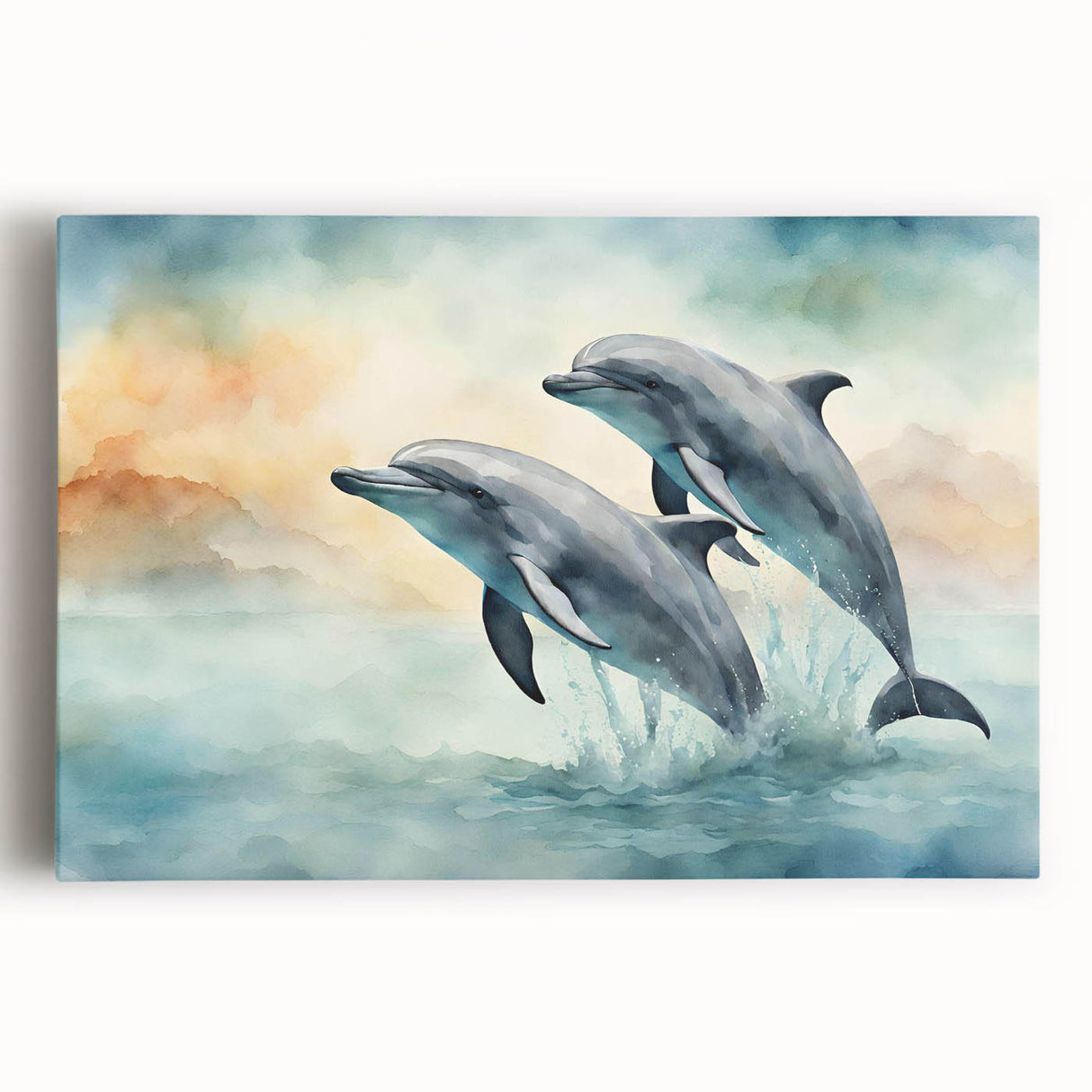 Stretched canvas wall art showcasing a vibrant dolphin design, featuring rich blues and greens, perfect for marine life enthusiasts and coastal decor.