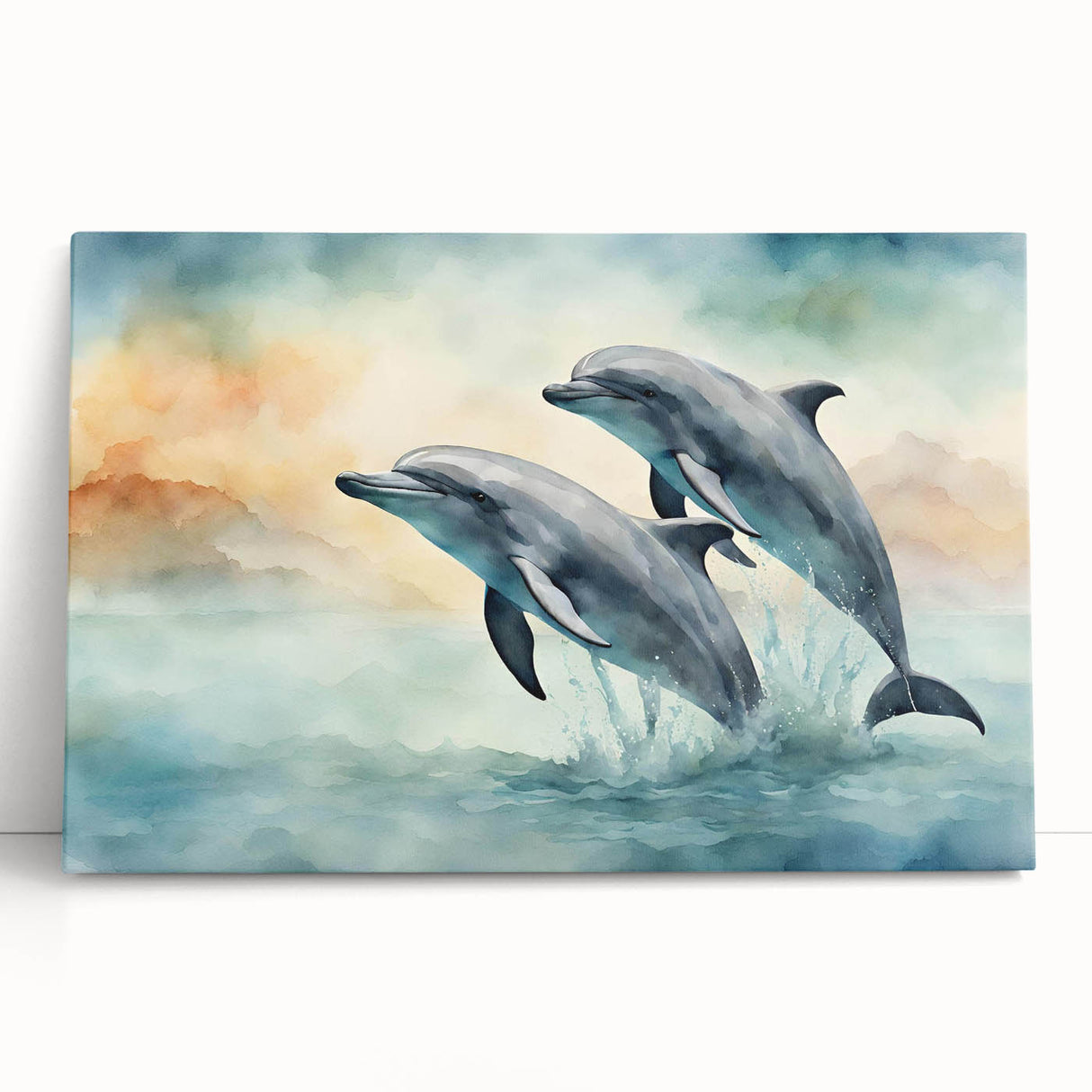 Stretched canvas wall art showcasing an elegant dolphin design in vibrant blues and greens, perfect for marine life enthusiasts. Ideal for home decor.