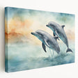 Stretched canvas wall art showcasing a vibrant dolphin design, featuring rich blues and greens, perfect for marine-themed decor in homes or offices.