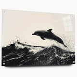 Wall art collection showcasing a dolphin design in vibrant colors, crafted from acrylic glass with a sleek side view, accentuated by decorative pins for added elegance. Perfect for marine life enthusiasts and modern decor.
