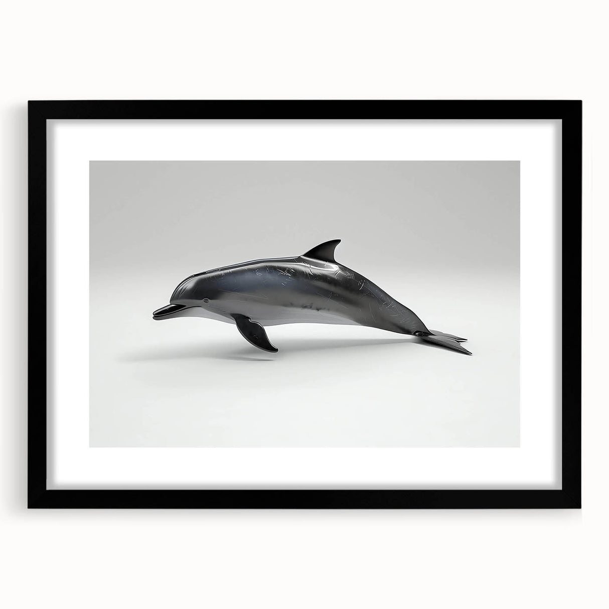 Framed wall art featuring a striking dolphin design in a black frame with a mat, showcasing marine life themes, perfect for ocean-inspired decor.