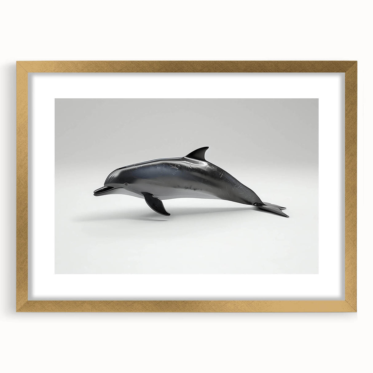 Elegant wall art frame showcasing a dolphin design from the Marine Life collection, featuring a gold mat and front view display, perfect for coastal decor. Ideal for marine enthusiasts or ocean-themed interiors.