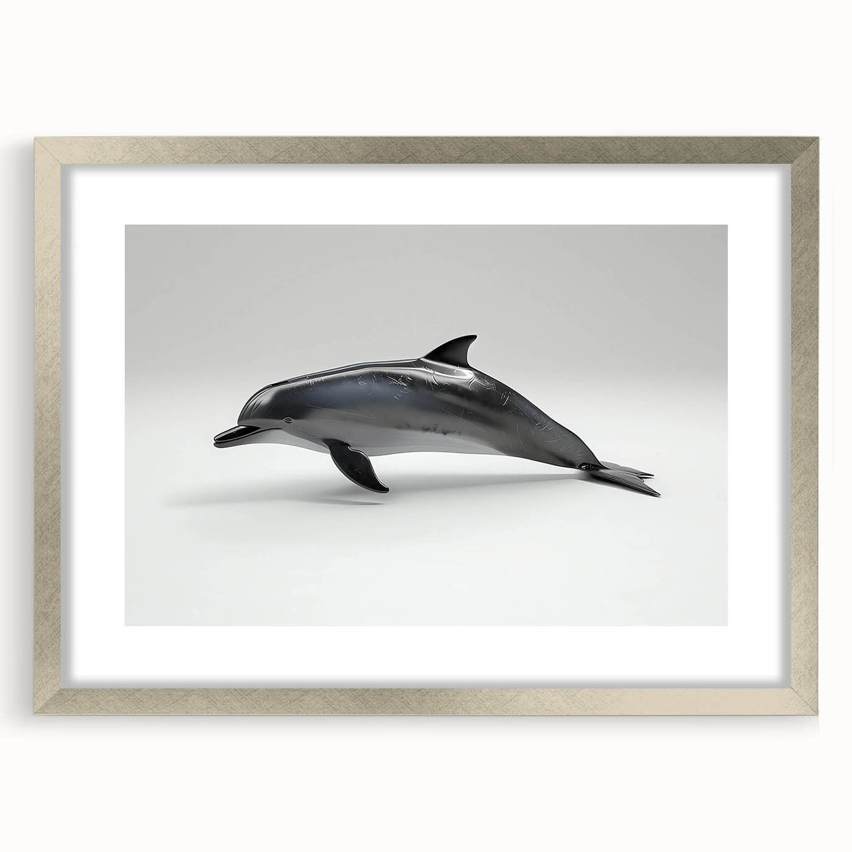 Framed wall art featuring a sleek silver border showcasing a vibrant dolphin design, perfect for marine life enthusiasts, enhancing home decor with a modern touch.