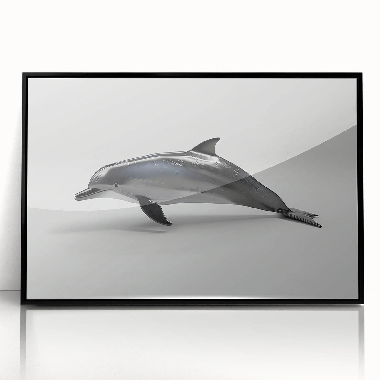 Framed wall art featuring a vibrant dolphin design in a marine life theme, with a sleek black frame, perfect for ocean-themed decor in homes or offices.