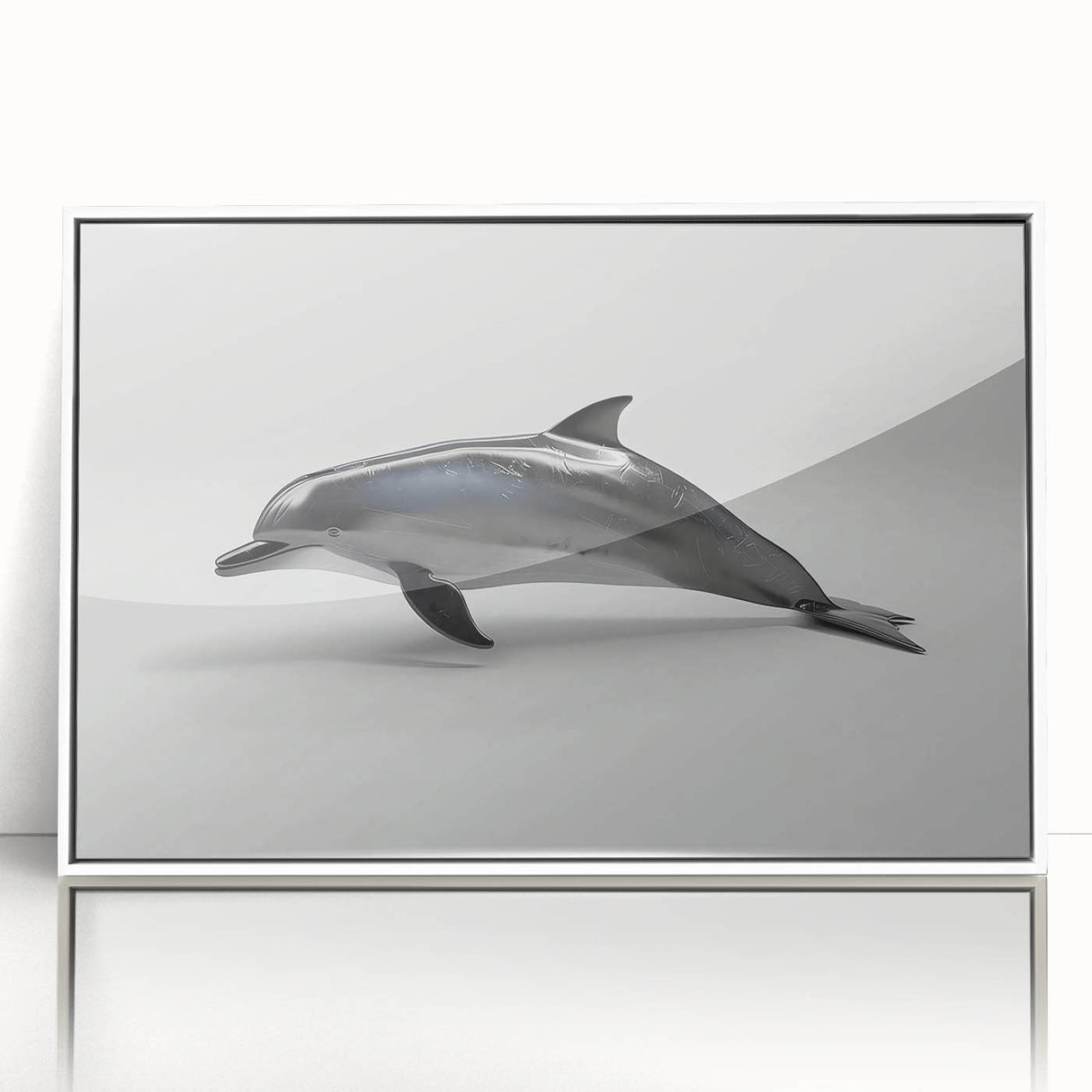 Framed wall art showcasing a vibrant dolphin design in a marine life theme, featuring white acrylic framing and a sleek front view, perfect for ocean enthusiasts.