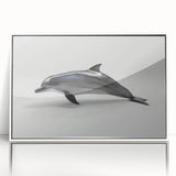 Framed wall art showcasing a vibrant dolphin design in a marine life theme, featuring white acrylic framing and a sleek front view, perfect for ocean enthusiasts.