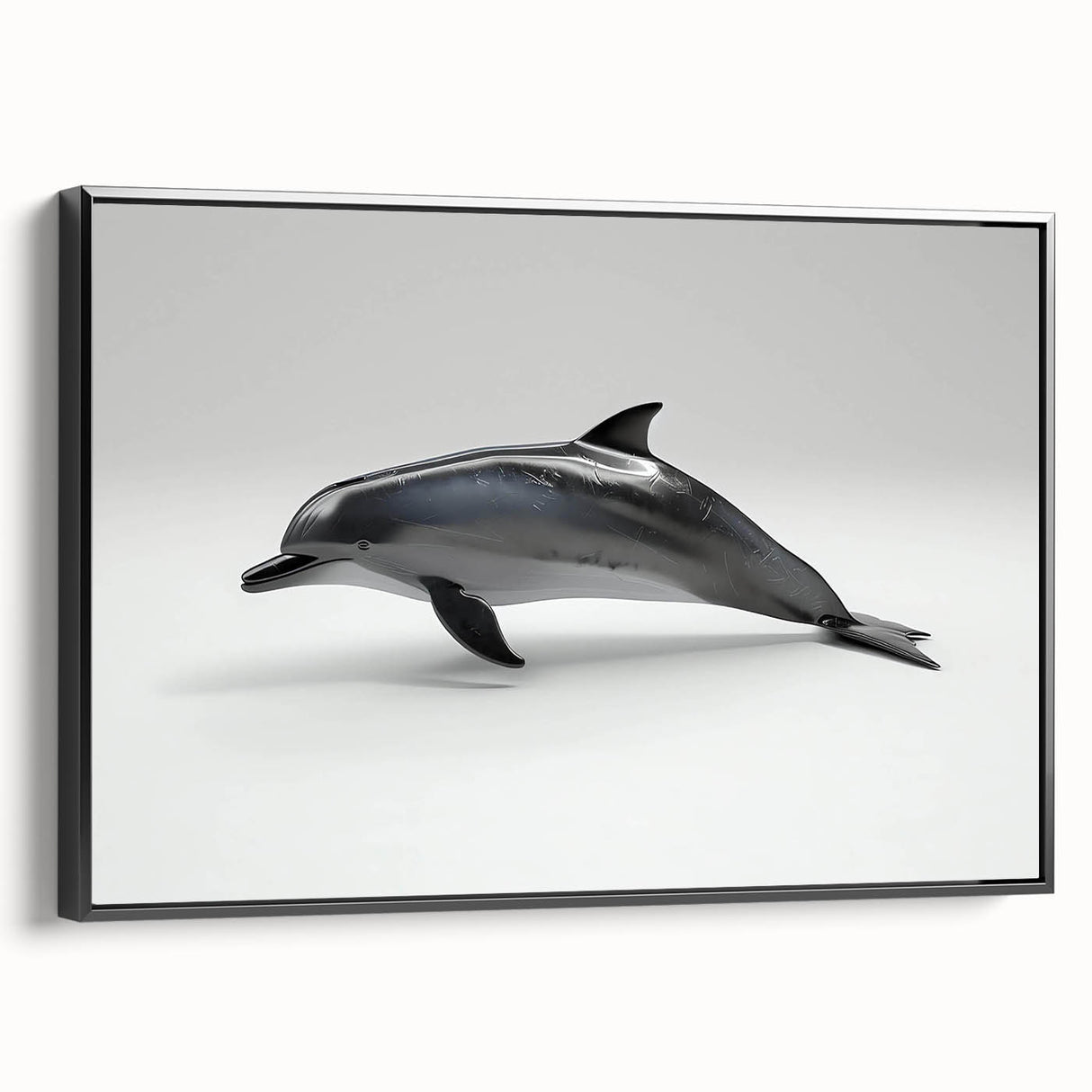 Framed wall art featuring a marine life dolphin design on textured canvas, showcasing vibrant blue colors and a sleek black frame, ideal for ocean-themed decor.