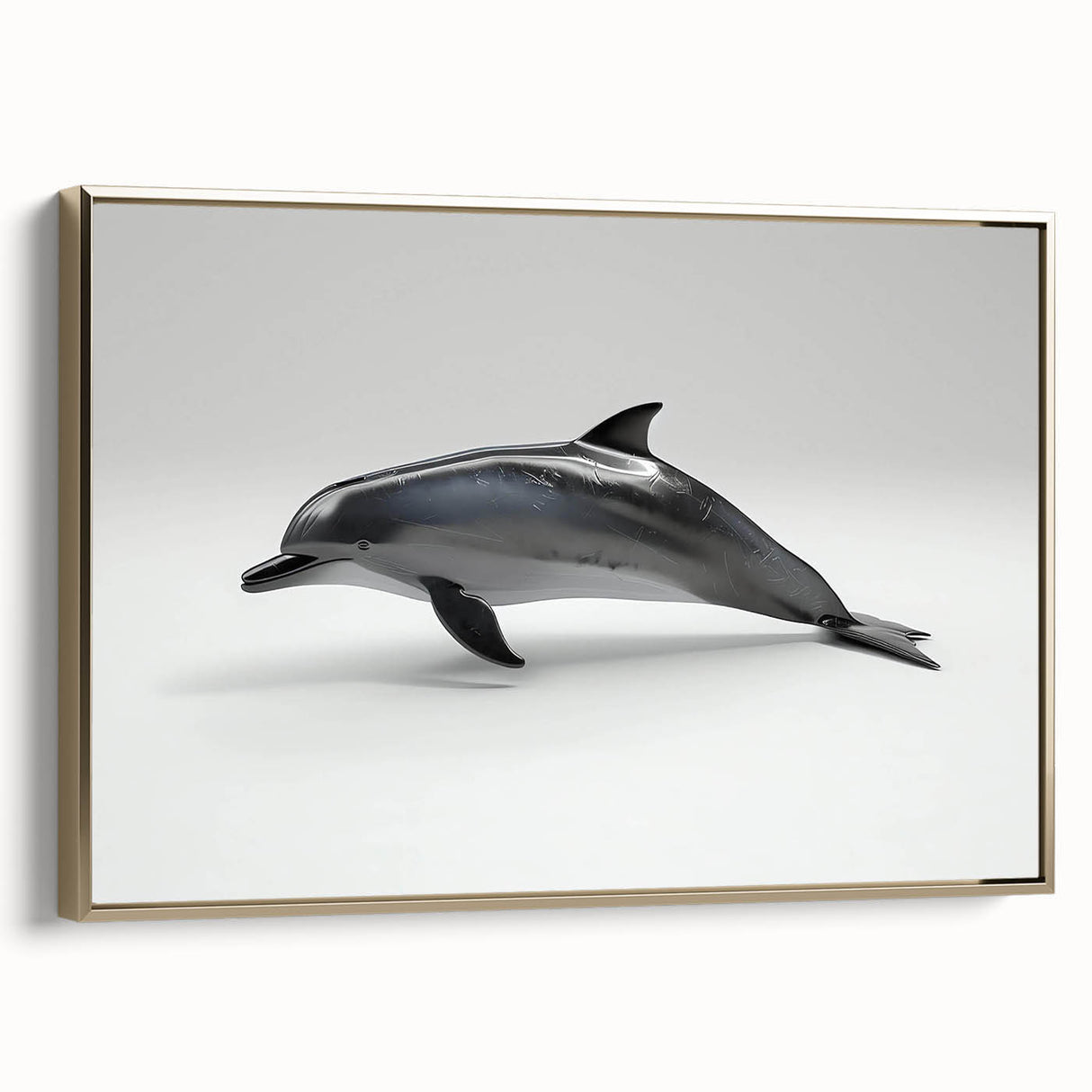 Framed canvas wall art depicting a vibrant dolphin design with gold accents, showcasing marine life in a contemporary style, ideal for ocean-themed decor.