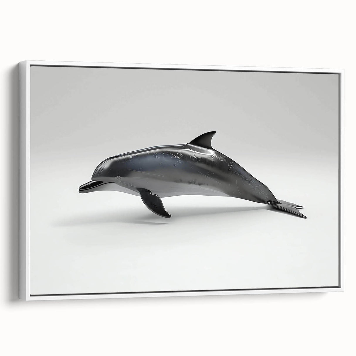 Framed canvas wall art depicting a vibrant marine life scene featuring a dolphin in a dynamic pose, set against a white background, ideal for ocean-themed decor.