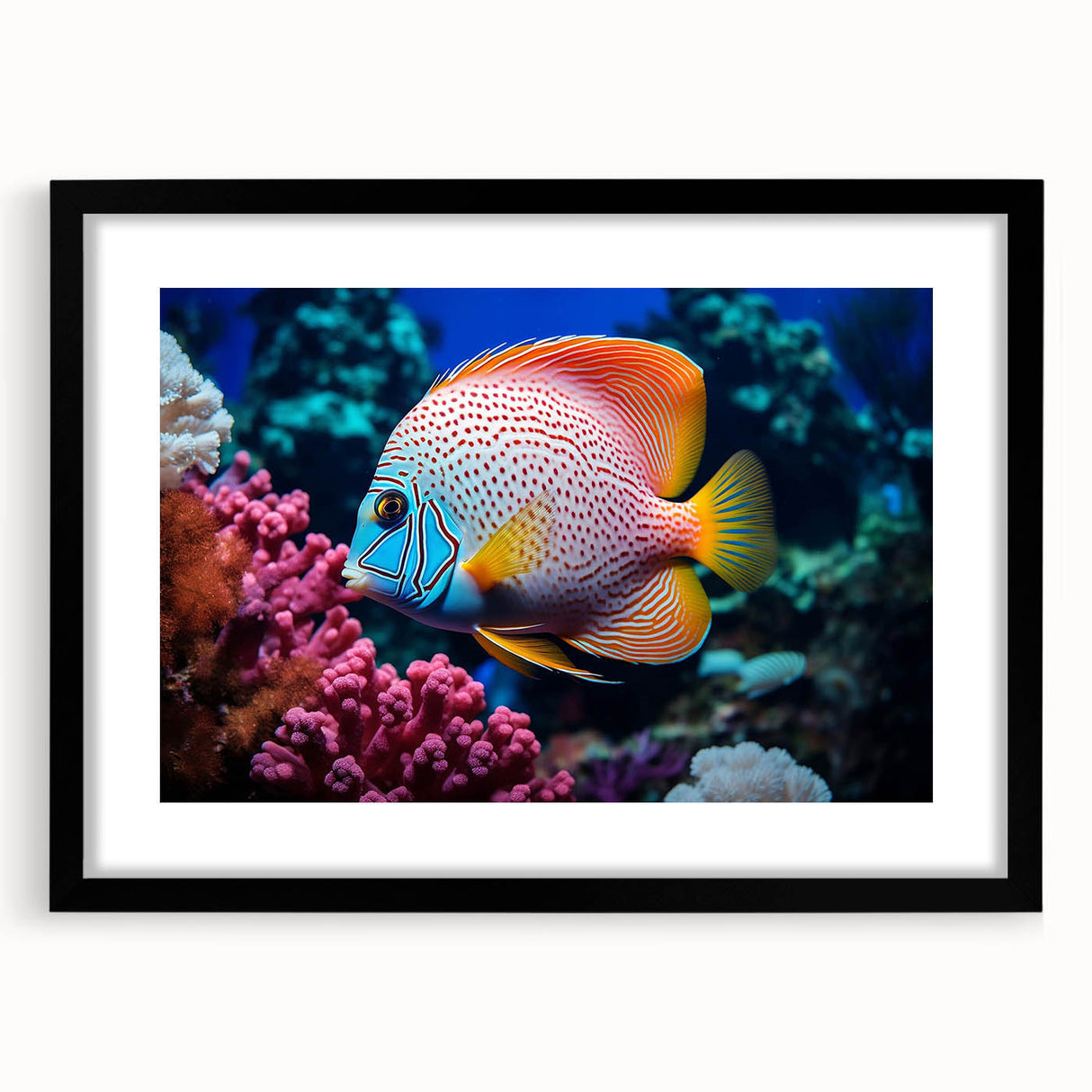 Framed wall art collection featuring a vibrant marine life fish design, displayed in a sleek black frame with a mat, perfect for ocean-themed decor.