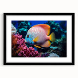 Framed wall art collection featuring a vibrant marine life fish design, displayed in a sleek black frame with a mat, perfect for ocean-themed decor.