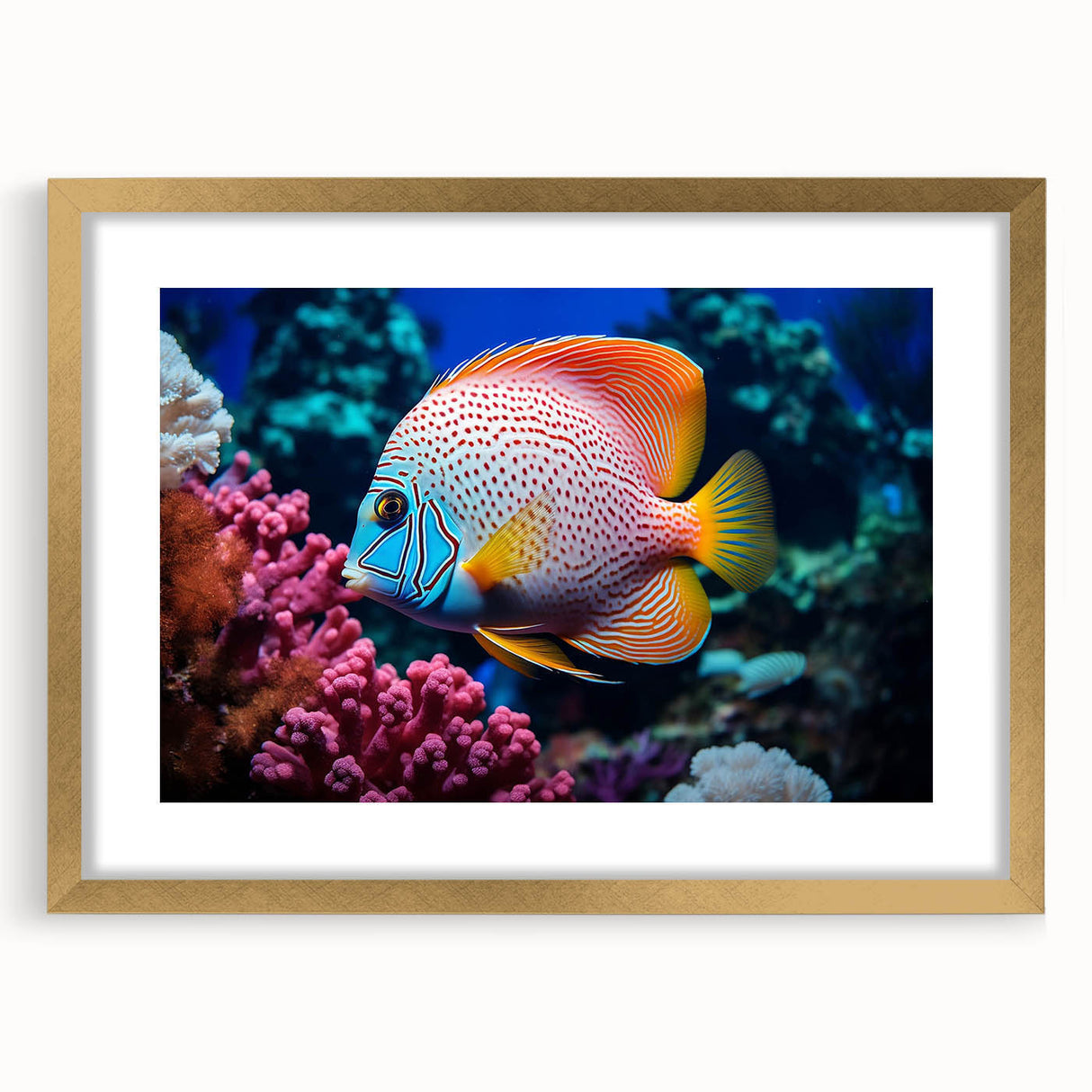 Framed wall art showcasing a vibrant marine life fish design with a gold matting, perfect for ocean-themed home decor. Ideal for aquatic enthusiasts and stylish interiors.