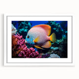 Framed wall art showcasing a vibrant marine life fish design, featuring colorful aquatic species on a white background, perfect for ocean-themed decor.