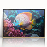 Framed wall art featuring a vibrant marine life fish design, set in a gold-accented acrylic frame, ideal for adding color and oceanic flair to any decor.