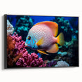 Framed canvas wall art depicting a vibrant marine life fish design, showcasing colorful aquatic species against a sleek black background, ideal for ocean-themed decor.