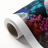 Colorful marine life wall art design on rolled canvas, showcasing vibrant fish and coral details, perfect for ocean-themed home decor or art collections.