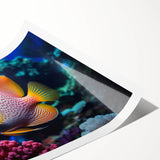 Vibrant marine life wall art print showcasing colorful fish designs in a rolled format, perfect for ocean-themed decor. Ideal for enhancing aquatic aesthetics.