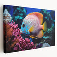 Stretched canvas wall art featuring a vibrant marine life design with colorful fish swimming amidst coral, perfect for ocean-themed decor in homes or offices.