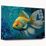 Colorful marine life wall art collection featuring fish designs printed on acrylic glass, showcasing intricate details and vibrant hues in a side view presentation with pins for easy hanging.