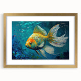 Marine life wall art collection featuring a framed design showcasing colorful fish and aquatic elements, elegantly presented with a gold mat, perfect for ocean-themed decor.