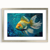 Framed wall art featuring a vibrant marine life fish design, showcasing colorful aquatic species, set in a sleek silver frame with a white mat. Perfect for ocean-themed decor.