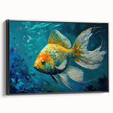 Framed wall art collection showcasing vibrant marine life fish designs, displayed from the side with a sleek black frame, perfect for ocean-themed decor.