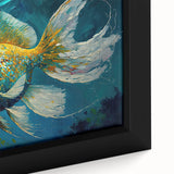 Close-up of a vibrant framed canvas featuring a marine life fish design, showcasing intricate details and colors, perfect for ocean-themed decor.