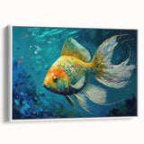 Framed canvas wall art featuring a vibrant marine life fish design in colorful hues, showcasing intricate details and textures, ideal for ocean-themed decor.