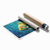Colorful marine life fish design rolled art print showcasing vibrant underwater scenes, perfect for ocean-themed decor. Comes packaged in a protective tube for safe shipping.