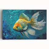 Vibrant marine life wall art design on stretched canvas, showcasing colorful fish against a deep blue background, perfect for enhancing coastal-themed decor.