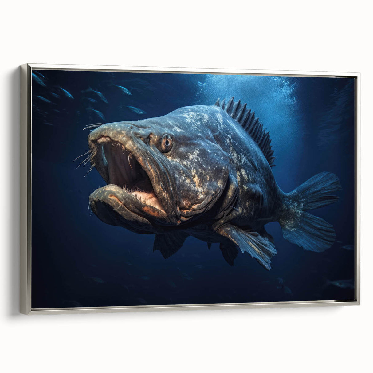 Framed wall art showcasing a vibrant marine life fish design on canvas, featuring a sleek silver frame, perfect for ocean-themed decor.